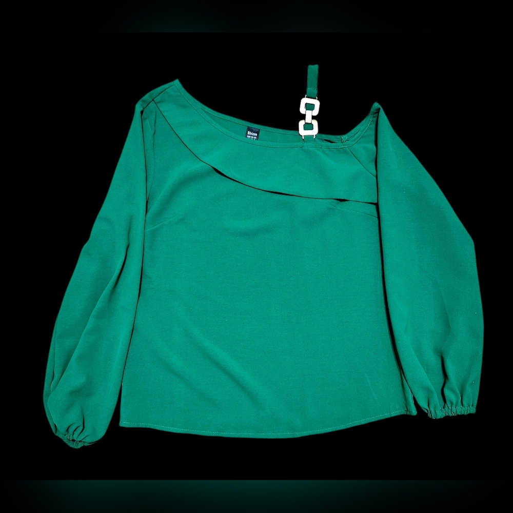Ebizza  Green Ruffled Asymmetrical Gold Link Strap Long Sleeve Top Size Small